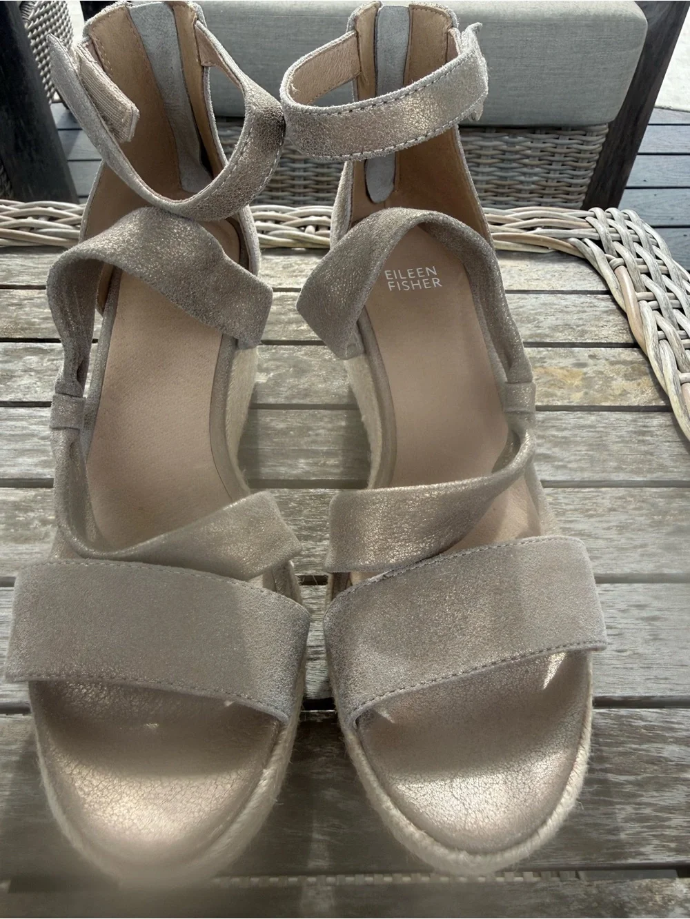 Eileen Fisher Wisp Metallic Taupe Espadrille Wedge Sandal with Ankle Strap